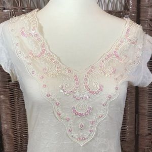 Ivory cap sleeve lace appliqué & sequin top